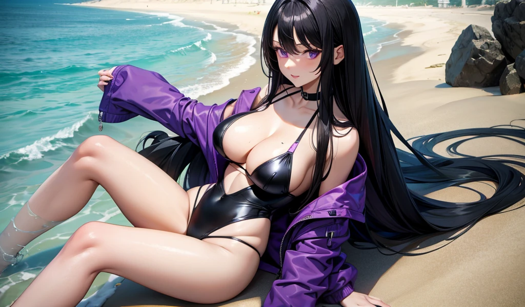 Adult woman with long black straight hair，purple swimsuit，cleavage，thigh，beach