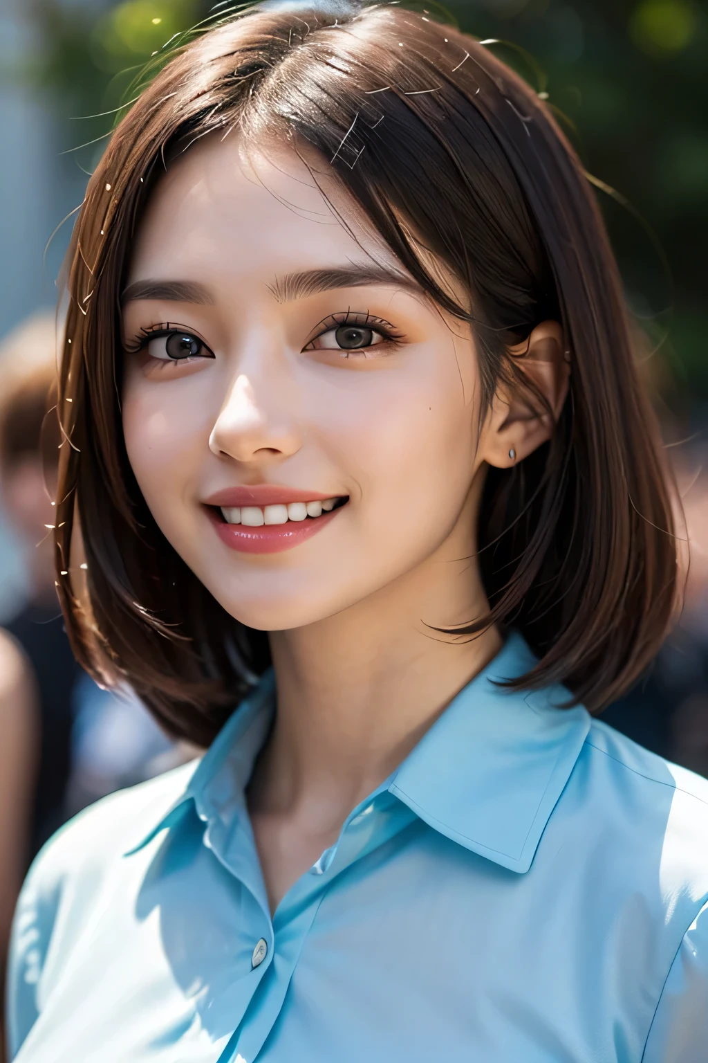 ((masterpiece)), ((Highest quality)), ((Complex)), ((Surreal)), (Realistic), (Mature Woman), ((There are no classes)), Very detailed, (1 female), Beautiful and exquisite, (Beautiful Teeth), Grin, Brunette Bob Hair, Brown eyes, ((blouse)), (Upper Body), (background:none), Perfect Eyes, Captivating eyes, Looking at the audience