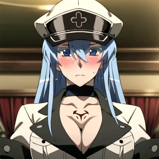 Esdeath, looking at the viewer, blush, sweat, breasts, large breasts, hat, cleavage, weapon, choker, sword, hair between eyes, uniform, military, military uniform, tattoo, peaked cap, chest_tattoo