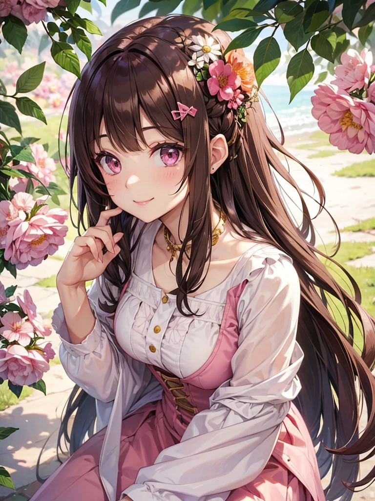 woman, pink eyes, long curry brown hair, kind smile. wear flower clips in her hair, she like princess