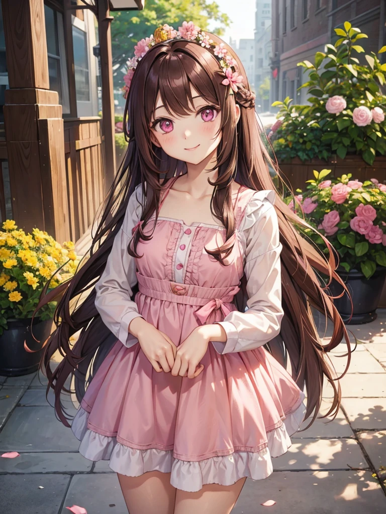 woman, pink eyes, long curry brown hair, kind smile. wear flower clips in her hair, she like princess