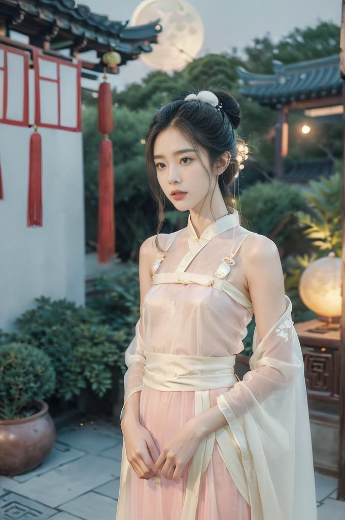 (((best quality))),(((ultra detailed))),(((masterpiece))),illustration,((1 beautiful girl,solo)),(bun hair:1.2),((bright eyes,gentle smile)),((slim,thin)),((small breasts,flat chest)),(white see through sheer strap Hanfu:1.3),flowing fabric,serene demeanor,vibrant plants and trees,(Chinese-style architecture:1.3),tile roofs,intricate wooden carvings,rich and vivid colors,(serene glow of the moon:1.5),(((colorful clouds))),traditional Chinese garment,(((summer night,village courtyard))),((standing,arms behind back)),((from front,upper body))