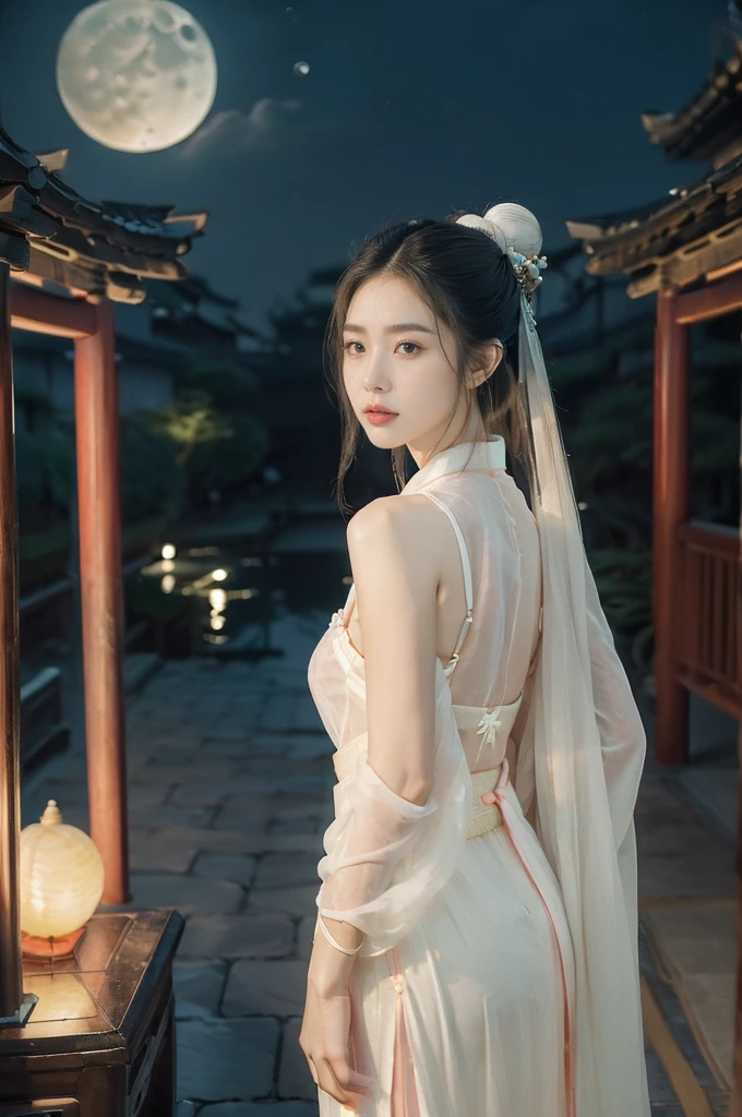 (((best quality))),(((ultra detailed))),(((masterpiece))),illustration,((1 beautiful girl,solo)),(bun hair:1.2),((bright eyes,gentle smile)),((slim,thin)),((small breasts,flat chest)),(white see through sheer strap Hanfu:1.3),flowing fabric,serene demeanor,vibrant plants and trees,(Chinese-style architecture:1.3),tile roofs,intricate wooden carvings,rich and vivid colors,(serene glow of the moon:1.5),(((colorful clouds))),traditional Chinese garment,(((summer night,village courtyard))),((standing,arms behind back)),((from front,upper body))