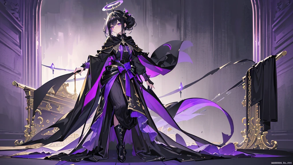 (Super detailed)),((illustration)),((masterpiece)),(((need))),((fine、Highest quality CG Unity 8K wallpapers,masterpiece),((4K,masterpiece,best quality)),Black hair queen,Waist-length hair,Royal sister,Sexy,Tall figure,Lilac eyes,Standing upright in a coffin,Mature,Hair Bunch,Hair tied on both sides,Black and gold gauze robe,Black and purple French vintage clothing,Gorgeous pure black cape,Black veil,Purple-white halo,Black purple boots,Wearing a crown on the head,Holding a knight's sword,pyramid,Emitting dim purple light,Brilliant palace,The deep sea is filled with coffins,Mysterious symbols,individual,Full body picture
