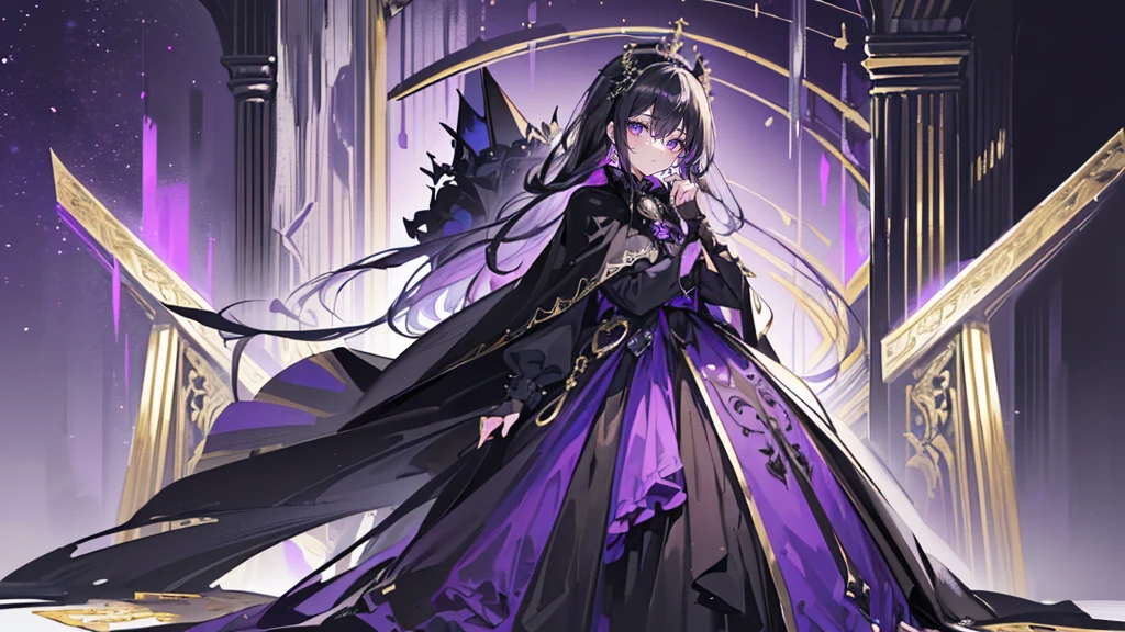(Super detailed)),((illustration))，((masterpiece)),(((need))),((fine、Highest quality CG Unity 8K wallpapers，masterpiece），（（4K，masterpiece，best quality）），Black hair queen，Waist-length hair，Royal sister，Sexy，Tall figure，Lilac eyes，Standing upright in a coffin，Mature，Hair Bunch，Hair tied on both sides，Black and gold gauze robe，Black and purple French vintage clothing，Gorgeous pure black cape，Black veil，Purple-white halo，Black purple boots，Wearing a crown on the head，Holding a knight&#39;s sword，pyramid，Emitting dim purple light，Brilliant palace，The deep sea is filled with coffins，Mysterious symbols,individual，Full body picture