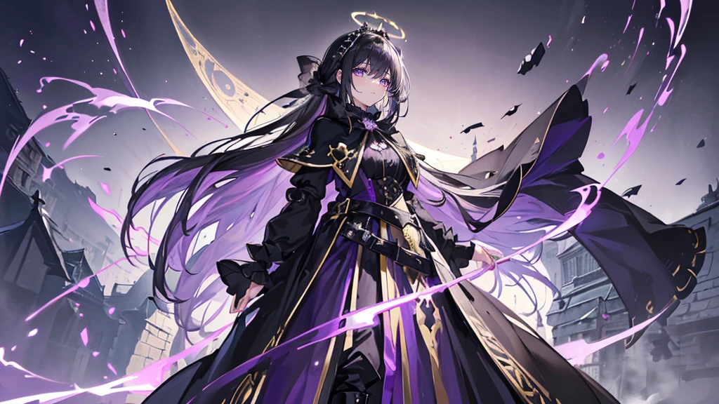 (Super detailed)),((illustration))，((masterpiece)),(((need))),((fine、Highest quality CG Unity 8K wallpapers，masterpiece），（（4K，masterpiece，best quality）），Black hair queen，Waist-length hair，Royal sister，Sexy，Tall figure，Lilac eyes，Standing upright in a coffin，Mature，Hair Bunch，Hair tied on both sides，Black and gold gauze robe，Black and purple French vintage clothing，Gorgeous pure black cape，Black veil，Purple-white halo，Black purple boots，Wearing a crown on the head，Holding a knight&#39;s sword，pyramid，Emitting dim purple light，Brilliant palace，The deep sea is filled with coffins，Mysterious symbols,individual，Full body picture