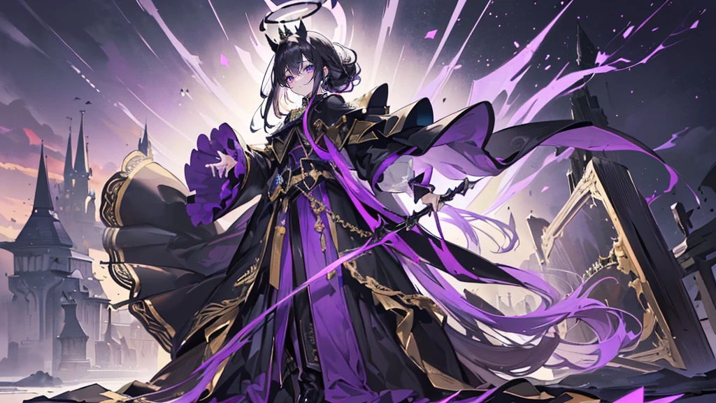 (Super detailed)),((illustration)),((masterpiece)),(((need))),((fine、Highest quality CG Unity 8K wallpapers,masterpiece),((4K,masterpiece,best quality)),Black hair queen,Waist-length hair,Royal sister,Sexy,Tall figure,Lilac eyes,Standing upright in a coffin,Mature,Hair Bunch,Hair tied on both sides,Black and gold gauze robe,Black and purple French vintage clothing,Gorgeous pure black cape,Black veil,Purple-white halo,Black purple boots,Wearing a crown on the head,Holding a knight's sword,pyramid,Emitting dim purple light,Brilliant palace,The deep sea is filled with coffins,Mysterious symbols,individual,Full body picture