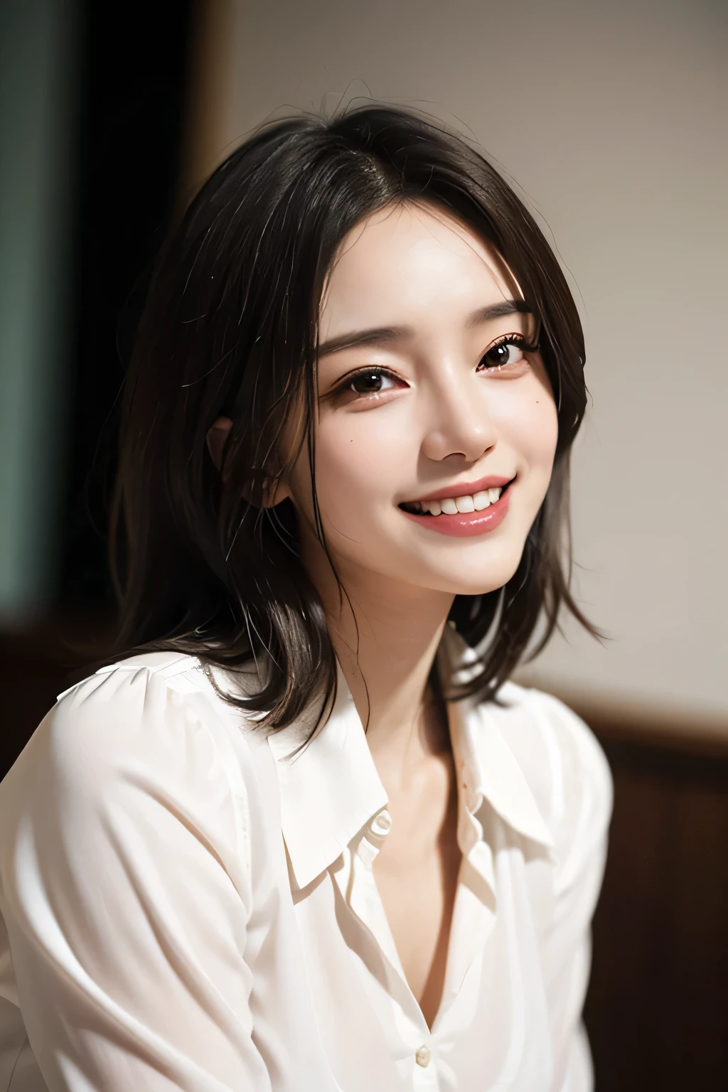 ((masterpiece)), ((Highest quality)), ((Complex)), ((Surreal)), (Realistic), (Mature Woman), ((There are no classes)), Very detailed, (1 female), Beautiful and exquisite, (Beautiful Teeth), Grin, Brunette Bob Hair, Brown eyes, ((blouse)), (Upper Body), (background:none), Perfect Eyes, Captivating eyes, Looking at the audience