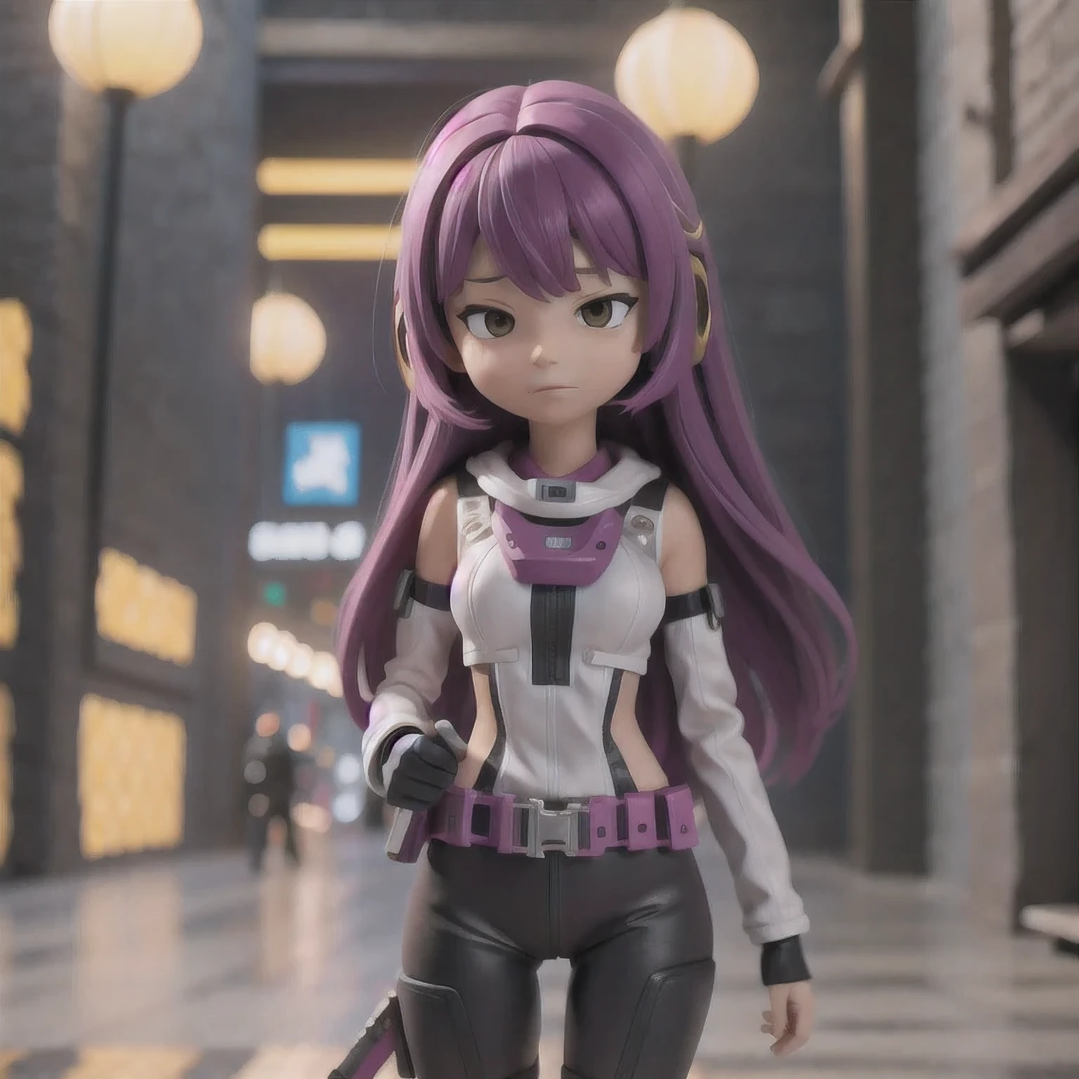 fish
1girl
bangs
blurry
blurry background
blurry foreground
breasts
brown eyes
closed mouth
depth of field
gun
long hair
looking at viewer
mecha
mole
motion blur
multicolored hair
pink hair
smile
solo
thigh strap