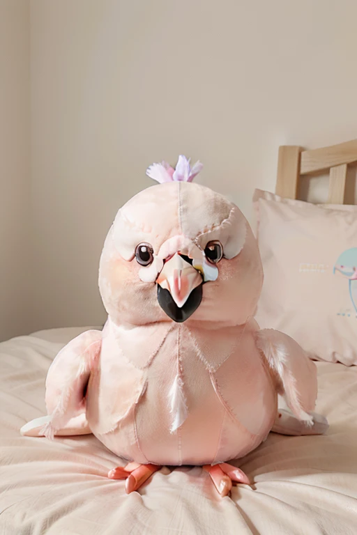 1 super adorable plush toy, (flamingo bird),, pastel hues, exceedingly cute, ultra-realistic, UHD, mascot. The plush toy, shaped like a playful flamingo, is a sight to behold with its ultra-cute design. Its pastel colors add a soft and sweet touch, making it even more irresistible. With its ultra-realistic features, every detail is crafted to perfection, from its beak to its feathers, ensuring a lifelike appearance that captivates all who see it. This plush is more than just a toy; it's an UHD mascot that will bring joy and