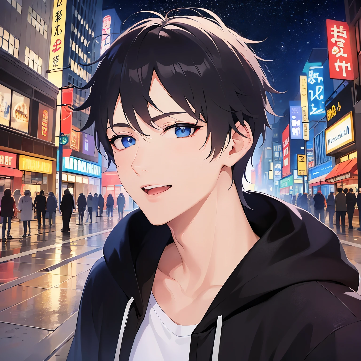 (25-year-old male:1.3) and (Black short hair) and (blue eyes)、looking back,upper body,
shiny skin, masterpiece、Highest quality、black hoodie,
smile,Background is a park at night、Night Sky,grass、illumination、open mouth