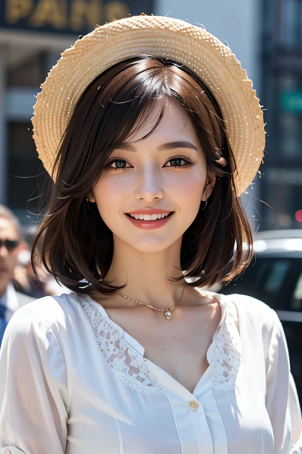 ((masterpiece)), ((Highest quality)), ((Complex)), ((Surreal)), (Realistic), (Mature Woman), ((There are no classes)), Very detailed, (1 female), Beautiful and exquisite, (Beautiful Teeth), Grin, Brunette Bob Hair, Brown eyes, ((blouse)), (Upper Body), (background:none), Perfect Eyes, Captivating eyes, Looking at the audience