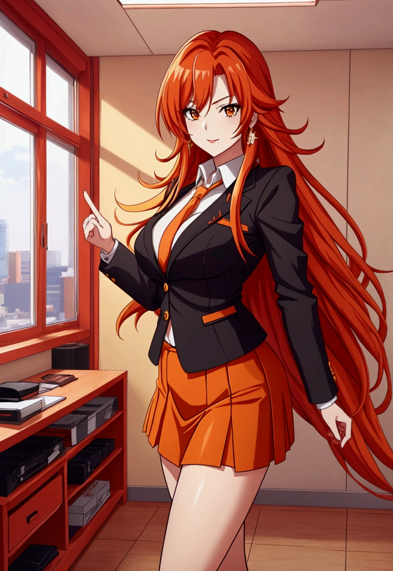 olbusiness attire，Anime girl with long red and orange hair, 28 years old，long hair anime girl, She has long orange-yellow hair., Attractive anime girl,shirt，白shirt，Professional hip skirt，business attire，office，city building，现代office，Very long hair，Large Breasts,Keep files,Exciting appearance，Front view，First Perspective，high quality，16K，Exciting appearance，very clearly，Exquisite mature facial，Royal sister，Alone，Standing front，Hands hanging down，High heel，whole body