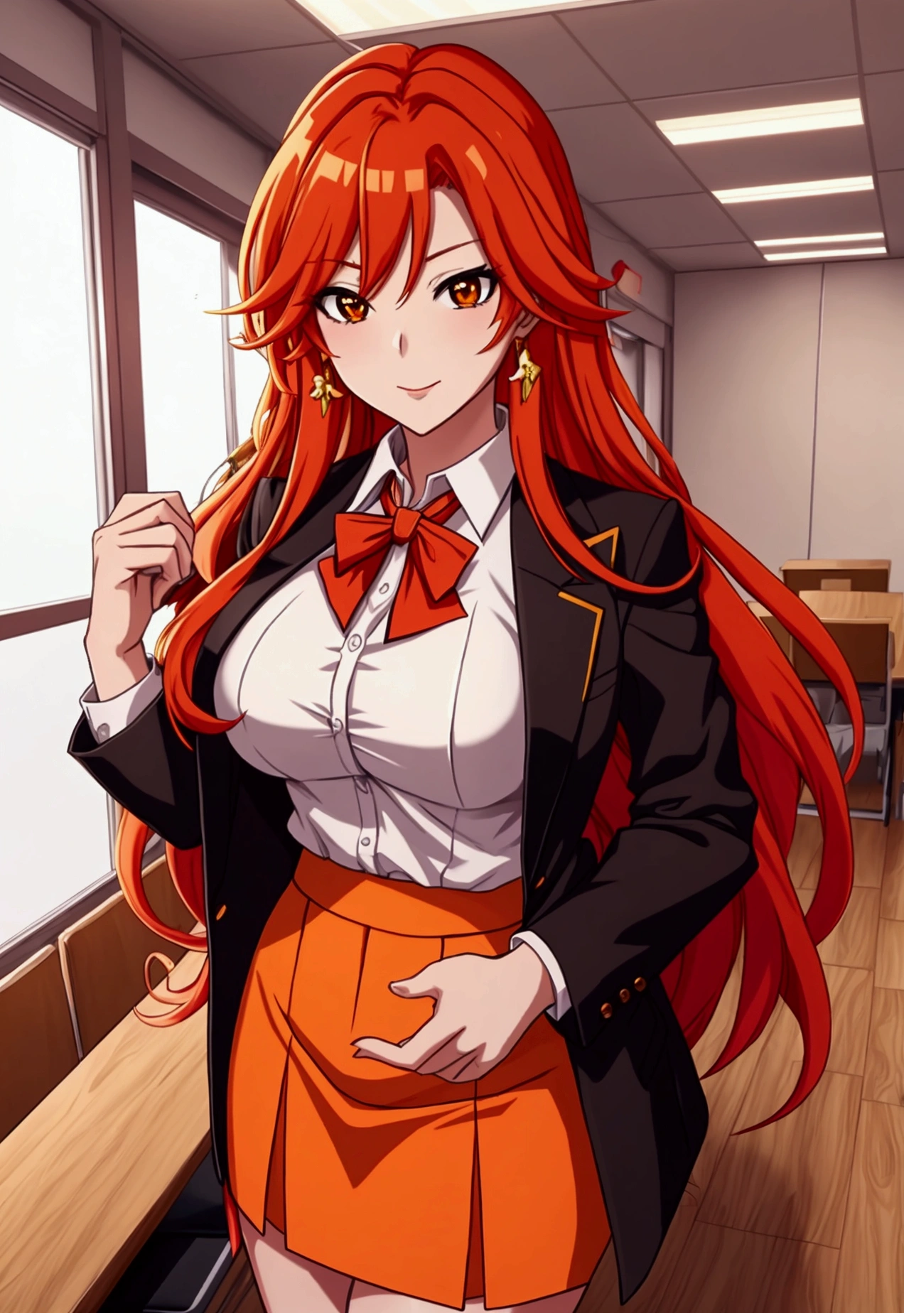 olbusiness attire,Anime girl with long red and orange hair, 28 years old,long hair anime girl, She has long orange-yellow hair., Attractive anime girl,shirt,白shirt,Professional hip skirt,business attire,office,city building,现代office,Very long hair,Large Breasts,Keep files,Exciting appearance,Front view,First Perspective,high quality,16K,Exciting appearance,very clearly,Exquisite mature facial,Royal sister,Alone,Standing front,Hands hanging down,High heel,whole body