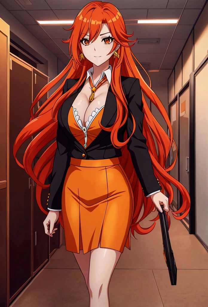 olbusiness attire,Anime girl with long red and orange hair, 28 years old,long hair anime girl, She has long orange-yellow hair., Attractive anime girl,shirt,白shirt,Professional hip skirt,business attire,office,city building,现代office,Very long hair,Large Breasts,Keep files,Exciting appearance,Front view,First Perspective,high quality,16K,Exciting appearance,very clearly,Exquisite mature facial,Royal sister,Alone,Standing front,Hands hanging down,High heel,whole body