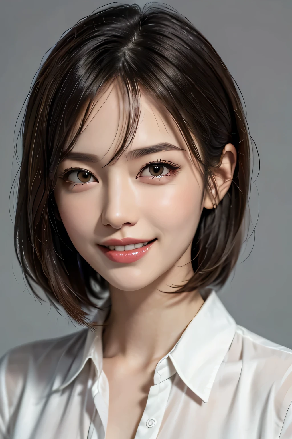 ((masterpiece)), ((Highest quality)), ((Complex)), ((Surreal)), (Realistic), (Mature Woman), ((There are no classes)), Very detailed, (1 female), Beautiful and exquisite, (Beautiful Teeth), Grin, Brunette Bob Hair, Brown eyes, ((blouse)), (Upper Body), (background:none), Perfect Eyes, Captivating eyes, Looking at the audience