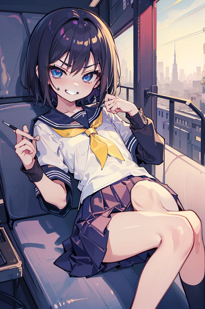 (Ideal:1.2), (perfect:1.2), (flawless:1.2), (highest quality:1.2), (best quality:1.2), street, 1girl, (evil smirk:1.2), (:1.2), young, (school uniform:1.1), detailed body, sexy thighs, small breasts, short hair, high quality eyes, 4K, highest quality resolution, best quality resolution, best quality upscale,
