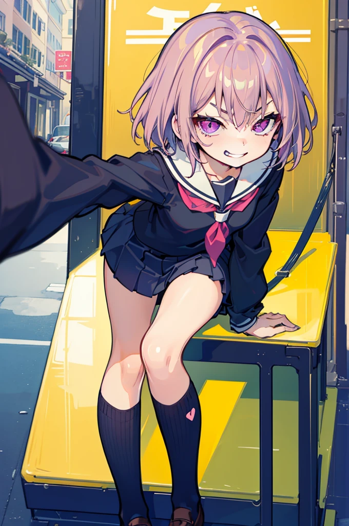 (Ideal:1.2), (perfect:1.2), (flawless:1.2), (highest quality:1.2), (best quality:1.2), street, 1girl, (evil smirk:1.2), (li:1.2), young, (school uniform:1.1), detailed body, sexy thighs, small breasts, short hair, high quality eyes, 4K, highest quality resolution, best quality resolution, best quality upscale,