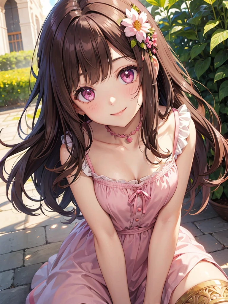 masterpiece, highest quality, Nico_Yazawa,High resolution, 1 girl, alone, Brown Hair, , Twin tails、Purple eyes, Cowboy Shot, Lifted frill dress, , Pink too short dress, ((Cleavage))、(Beautiful thighs)、city, Outdoor, garden, ((Big  and a very cute &#39;s face:1.25))、((Girls who love to show off their panties))、Chibi Cute:1.5、nsfw