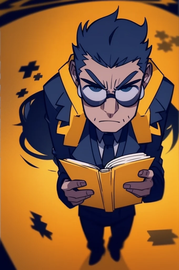 Draw a black-haired man reading a book and there are small gold glasses on his head.