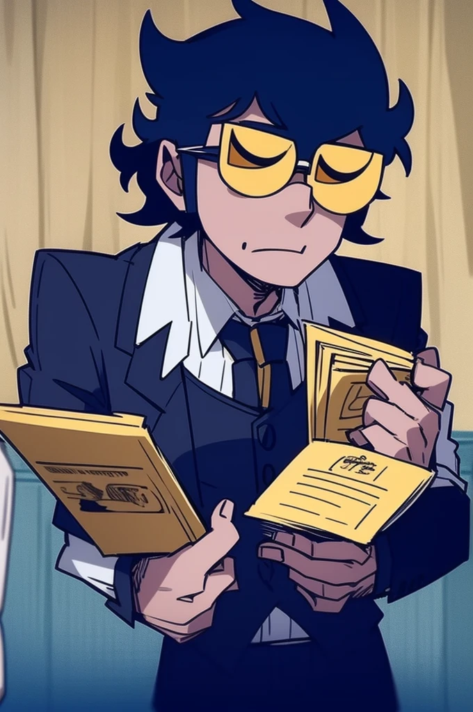 Draw a black-haired man reading a book and there are small gold glasses on his head.