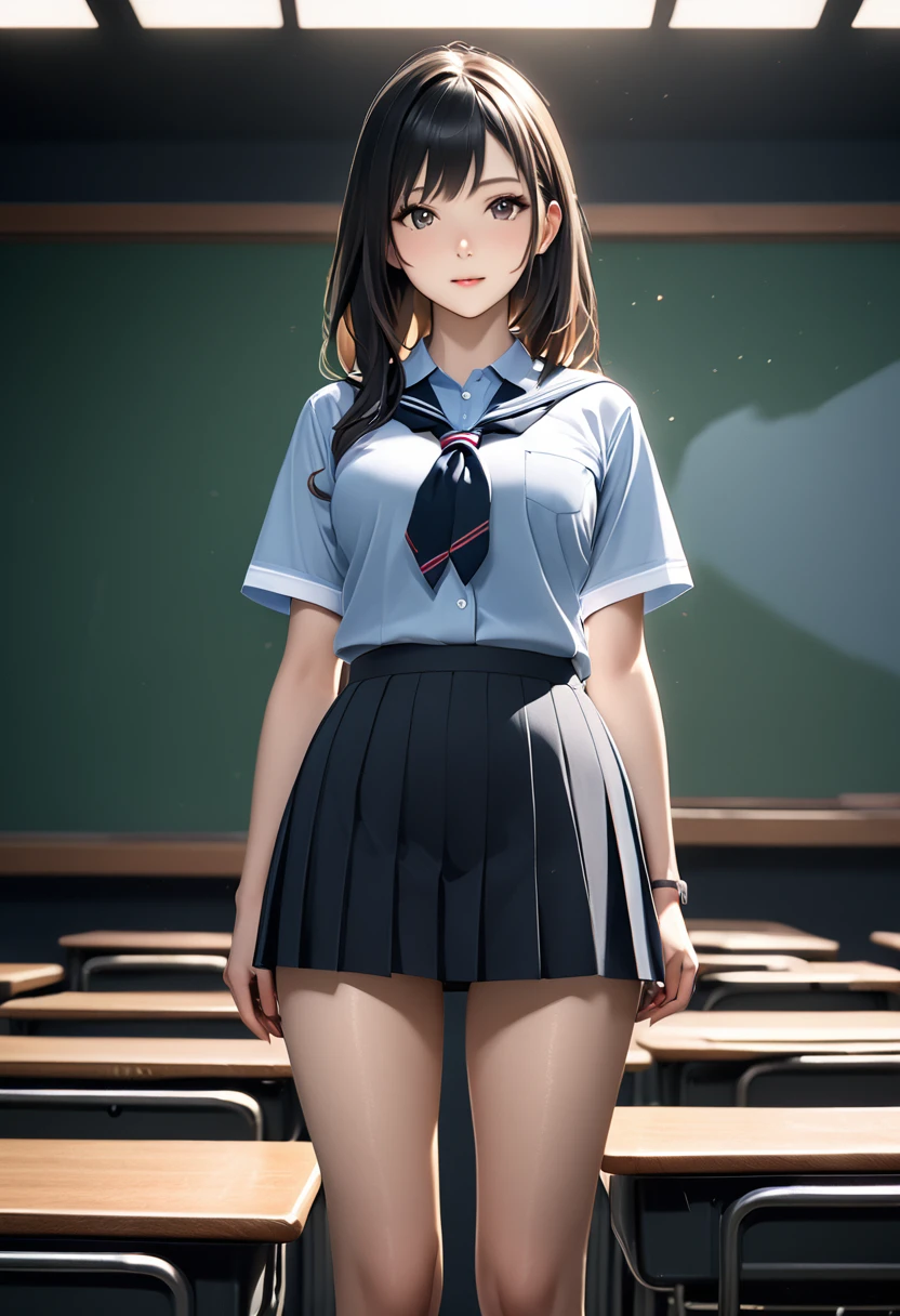 25-year-old female, Mature Woman, ((In the classroom)), ((school uniform)), Raw photo, (photoRealistic: 1.37, Realistic), Highly detailed uniform CG 8K wallpaper, 1 Girl, (((Perfect body: 1.1)), (Medium breast: 1.2), Watching the audience, (((Straight from the front)))), (Headquarters Skin:1.2, Glowing Skin), 8k Uh, Digital single-lens reflex camera, Soft lighting, high quality, Film Grain, Fujifilm XT3, ((Full Body:  0.8)), (Professional Lighting:1.4) ,