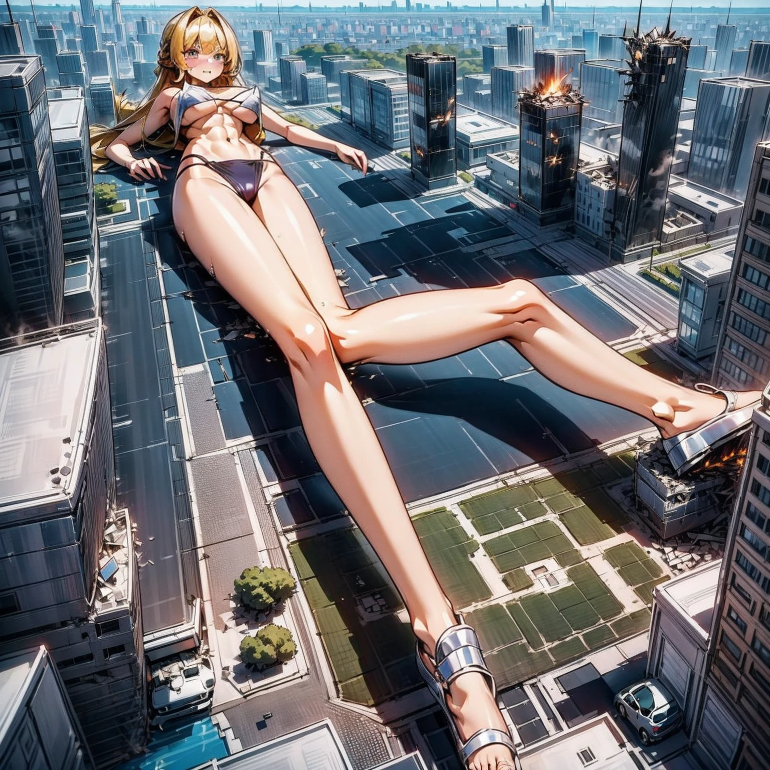 Giantess, long sexy legs, yellow hair, bikini,lying on top of destroyed buildings, city at her feet burns in flames for the destruction she has caused, tiny people climb on her body to try to defeat her uselessly. Giantess, goddess, macrophilia, curvaceous body, hentai, fetish, sexy legs, bikini, high heels, high quality, tiny people, people climbing body, giantess body, small people