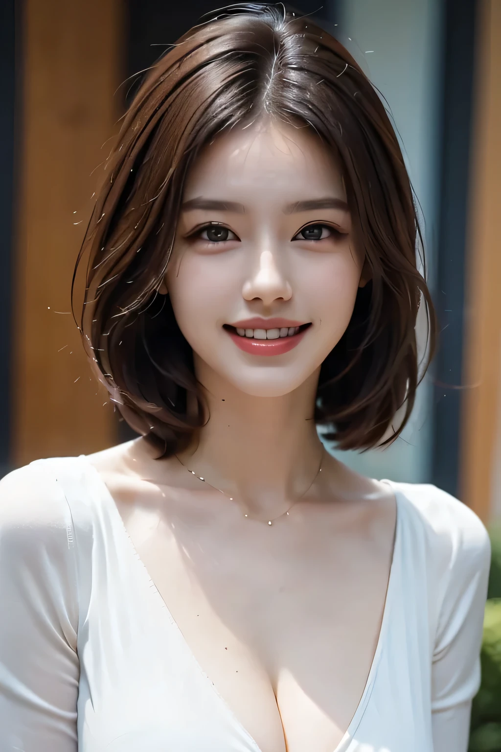 ((masterpiece)), ((Highest quality)), ((Complex)), ((Surreal)), (Realistic), (Mature Woman), ((There are no classes)), Very detailed, (1 female), Beautiful and exquisite, (Beautiful Teeth), Grin, Brunette Bob Hair, Brown eyes, ((blouse)), (Upper Body), (background:none), Perfect Eyes, Captivating eyes, Looking at the audience