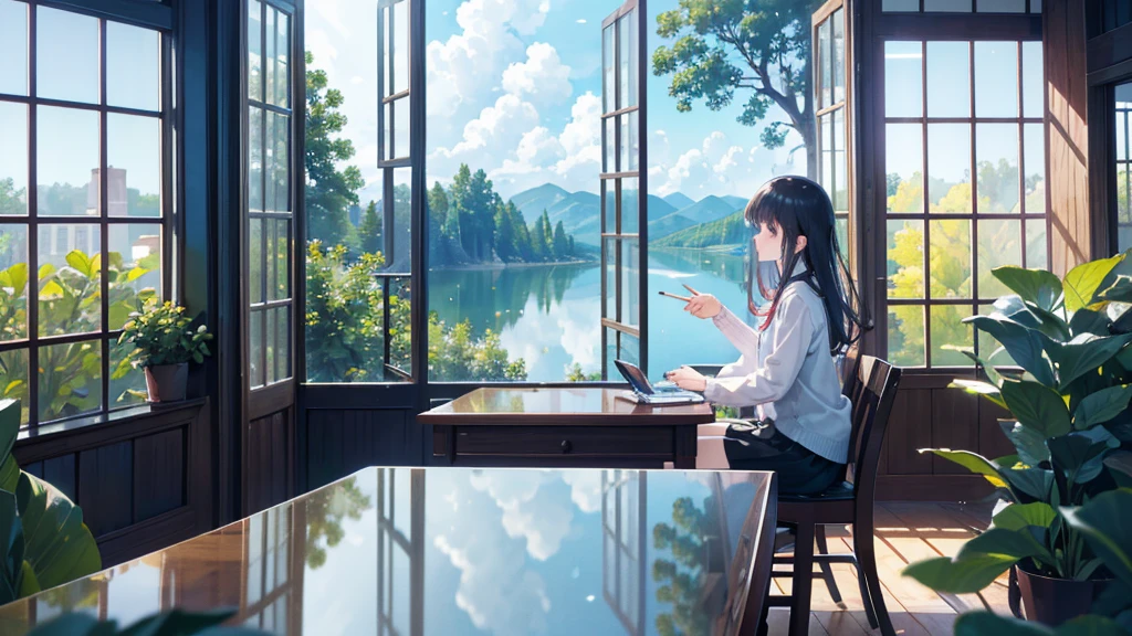 (master part), beyond the glass window, A huge lake in a dense forest,very cool, nature,after the rain, gram, beautiful sky, Brilliant clouds, 4K, happy,happyness, soft, wallpaper,, hope, convoluted, BREAK the image transmit a hopeful feeling, Good feel, happy atmosphere, The beauty of small details, a visual master part, beautiful colors, uhd, high resolution,absurd, professional image, breathtaking,amazing, Two girls sit side by side at a table right in front of the screen angle and help each other study., Draw the character's appearance in detail, Wear casual clothes