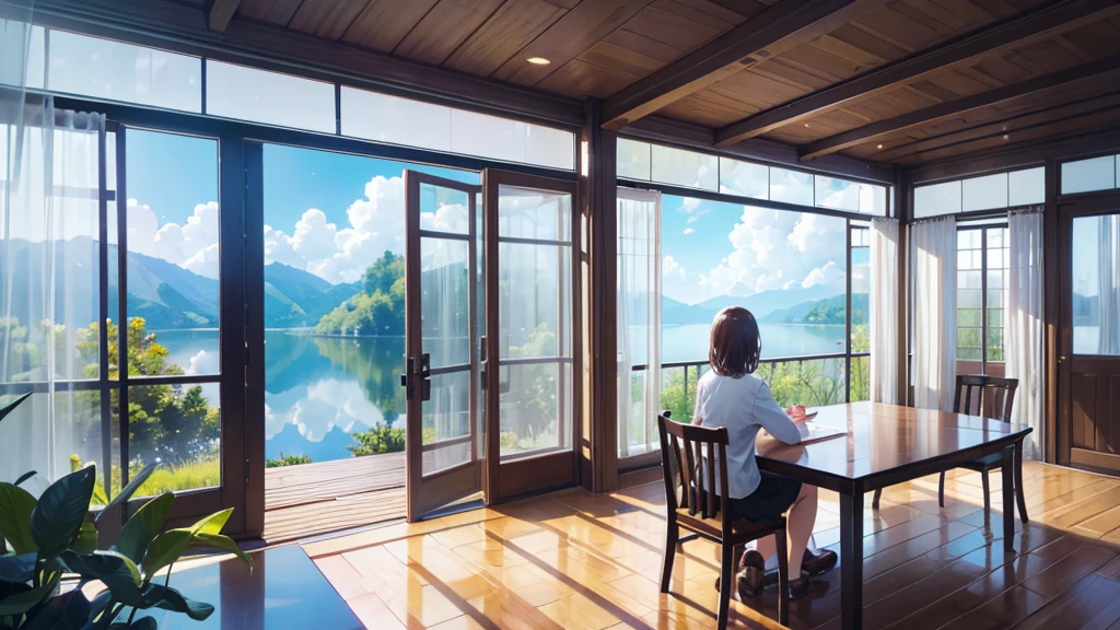 (master part), beyond the glass window, A huge lake in a dense forest,very cool, nature,after the rain, gram, beautiful sky, Brilliant clouds, 4K, happy,happyness, soft, wallpaper,, hope, convoluted, BREAK the image transmit a hopeful feeling, Good feel, happy atmosphere, The beauty of small details, a visual master part, beautiful colors, uhd, high resolution,absurd, professional image, breathtaking,amazing, Two girls sit side by side at a table right in front of the screen angle and help each other study., Draw the character's appearance in detail, Wear casual clothes
