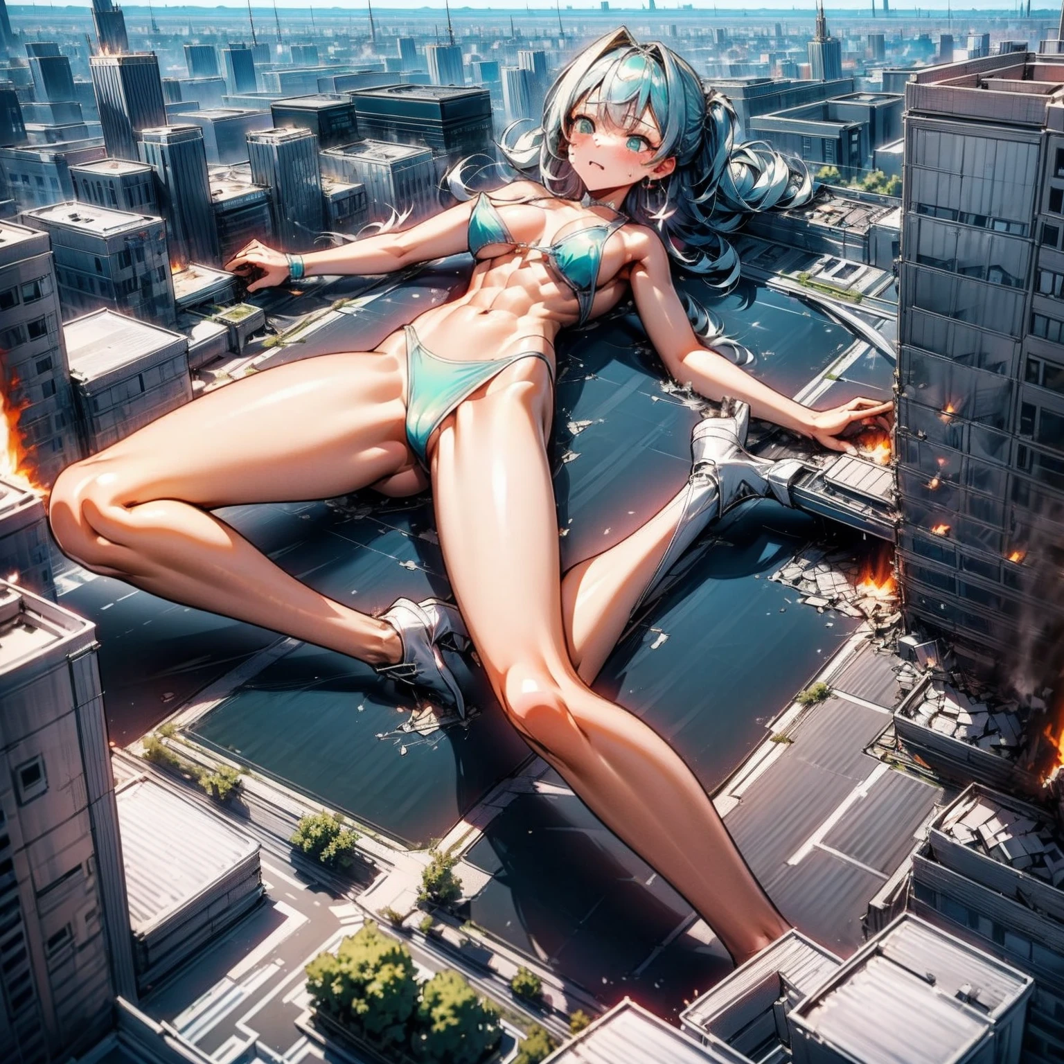 Giantess, long sexy legs, yellow hair, bikini,lying on top of destroyed buildings, city at her feet burns in flames for the destruction she has caused, tiny people climb on her body to try to defeat her uselessly. Giantess, goddess, macrophilia, curvaceous body, hentai, fetish, sexy legs, bikini, high heels, high quality, tiny people, people climbing body, giantess body, small people
