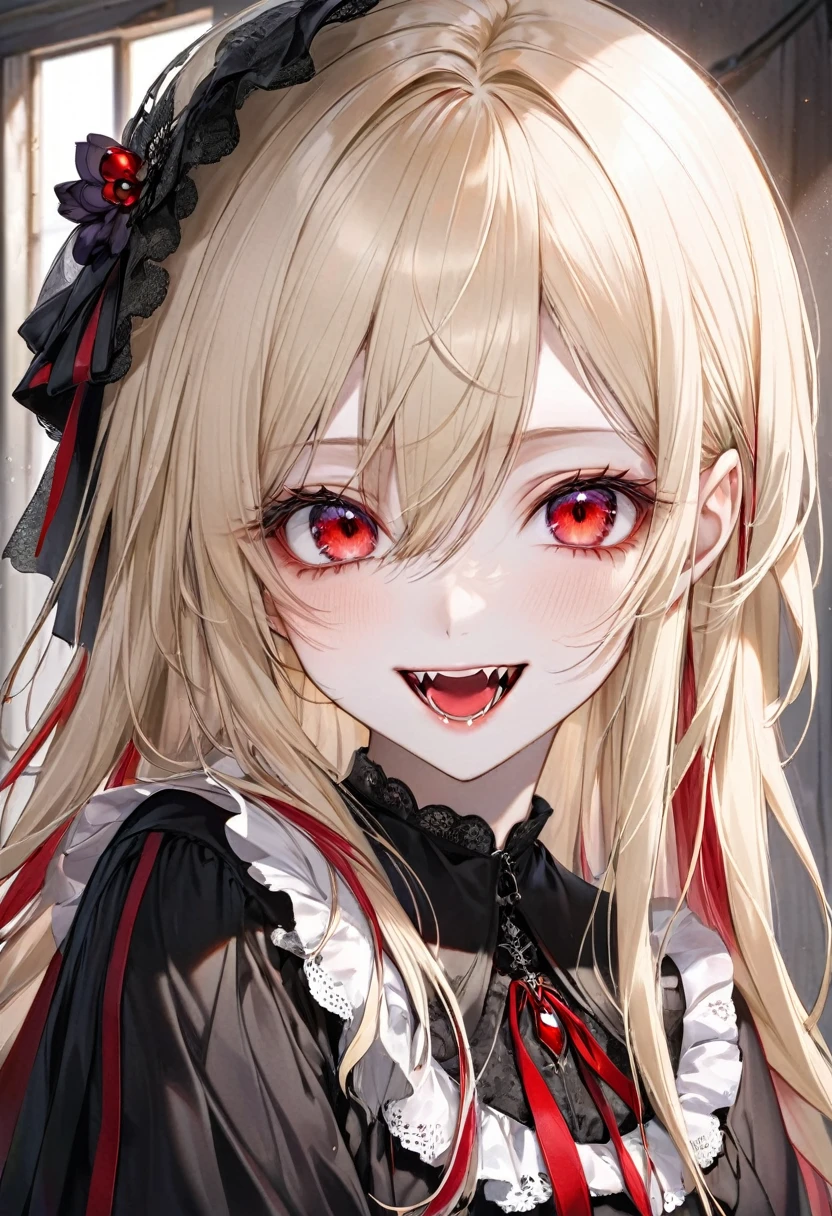 masterpiece, highest quality, (just concentrate), (perfect face:1.1), (high detailed:1.1), (Hyper-Detailed Eyes), dramatic, 1 Typ, (pale skin), long blondes hair, (red irises), individual focus, cute vampire girl, shows her fangs, smiles sweetly, red eye, white long hair with red stripes, ise is wearing a black dress, background is in an abandoned house