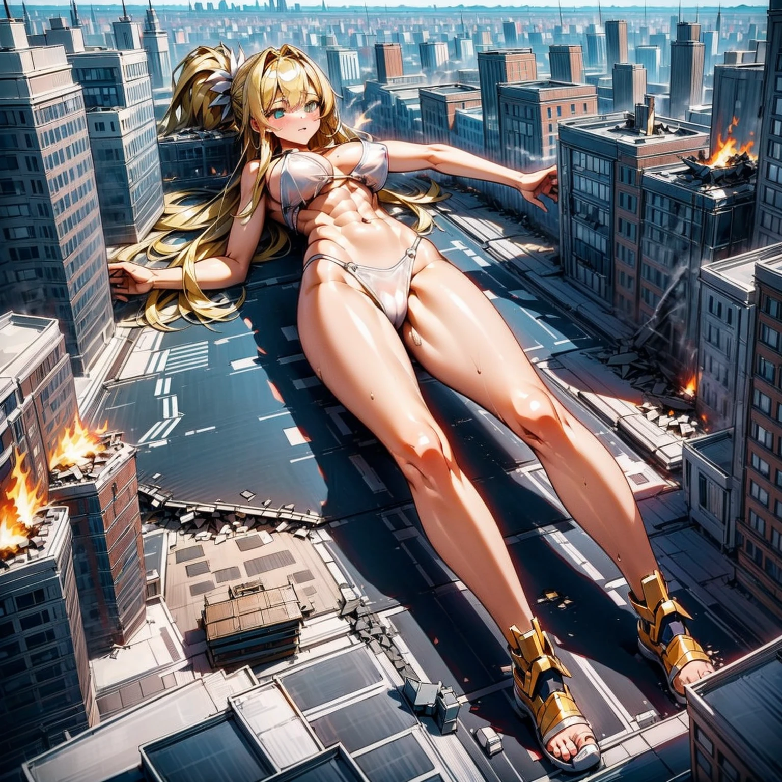 Giantess, long sexy legs, yellow hair, bikini,lying on top of destroyed buildings, city at her feet burns in flames for the destruction she has caused, tiny people climb on her body to try to defeat her uselessly. Giantess, goddess, macrophilia, curvaceous body, hentai, fetish, sexy legs, bikini, high heels, high quality, tiny people, people climbing body, giantess body, small people