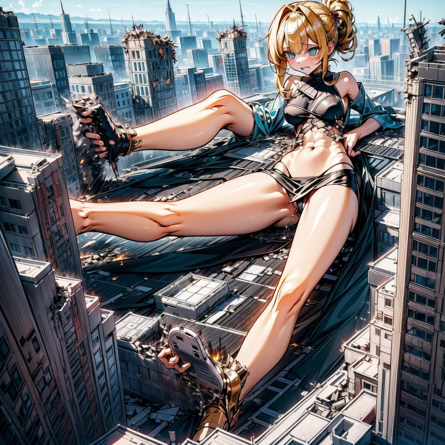 Giantess, long sexy legs, yellow hair, bikini,lying on top of destroyed buildings, city at her feet burns in flames for the destruction she has caused, tiny people climb on her body to try to defeat her uselessly. Giantess, goddess, macrophilia, curvaceous body, hentai, fetish, sexy legs, bikini, high heels, high quality, tiny people, people climbing body, giantess body, small people