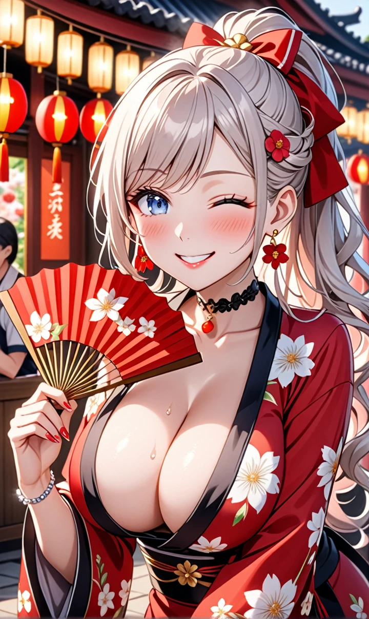 ultra-detailed, ((one girl)), (pale skin:1.4), in pastel colors gyaru, (heavy makeup), (professional lighting) hyper detailed, absurdres, 8K, Beautiful Face, (Laugh shyly), ((teasing smile:1.8)), ((Wink:1.7)), (Laugh with your mouth wide open),((Tilt your face:1.6)), View your viewers, ((Bright red cheeks:1.6)),Glossy Red Lips, ((Big Breasts:1.6)), ((undressing:1.3)), noon, Shrine festival stalls, ((Anime style background)),masterpiece, Highest quality, so beautiful,Latest, Complex details, (Pink long nails), (nail art), (ring),(bracelet), (Floral Choker),AI-generated, Complex,High resolution, Highest quality, super high quality,3D Images、3D Images,One person,Pastel silver long hair,(High Ponytail), (wavy hair:1.3), Pastel anime woman posing for a photo, ((Fine grain、blue eyes、glowing eyes:1.4)), (Squint your eyes:1.1), (one eye closed:1.7), a hyperRealistic , hyperRealistic , Realistic,Anime woman with long pastel white hair, Smooth anime CG art, A girl in a gorgeous black kimono, ((Black long-sleeved kimono)),(Large red floral pattern), Golden embroidery, (sideboob), Long flower hair ornament,Floral Earrings, Mature Body, tall,Narrow waist, (from front), ((leaning forward:1.2)), ((upper body)), ((Holding a fan in your hand:1.3)),(sweat),