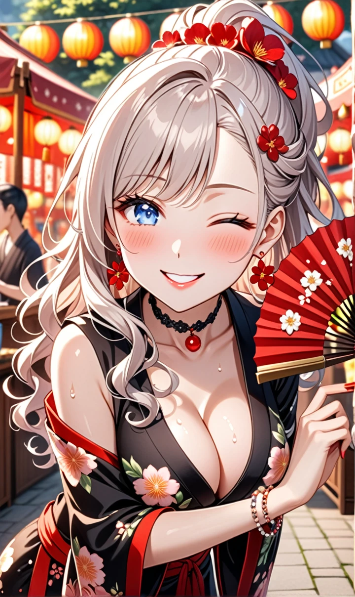 ultra-detailed, ((one girl)), (pale skin:1.4), in pastel colors gyaru, (heavy makeup), (professional lighting) hyper detailed, absurdres, 8K, Beautiful Face, (Laugh shyly), ((teasing smile:1.8)), ((Wink:1.7)), (Laugh with your mouth wide open),((Tilt your face:1.6)), View your viewers, ((Bright red cheeks:1.6)),Glossy Red Lips, ((Big Breasts:1.6)), ((undressing:1.3)), noon, Shrine festival stalls, ((Anime style background)),masterpiece, Highest quality, so beautiful,Latest, Complex details, (Pink long nails), (nail art), (ring),(bracelet), (Floral Choker),AI-generated, Complex,High resolution, Highest quality, super high quality,3D Images、3D Images,One person,Pastel silver long hair,(High Ponytail), (wavy hair:1.3), Pastel anime woman posing for a photo, ((Fine grain、blue eyes、glowing eyes:1.4)), (Squint your eyes:1.1), (one eye closed:1.7), a hyperRealistic , hyperRealistic , Realistic,Anime woman with long pastel white hair, Smooth anime CG art, A girl in a gorgeous black kimono, ((Black long-sleeved kimono)),(Large red floral pattern), Golden embroidery, (sideboob), Long flower hair ornament,Floral Earrings, Mature Body, tall,Narrow waist, (from front), ((leaning forward:1.2)), ((upper body)), ((Holding a fan in your hand:1.3)),(sweat),