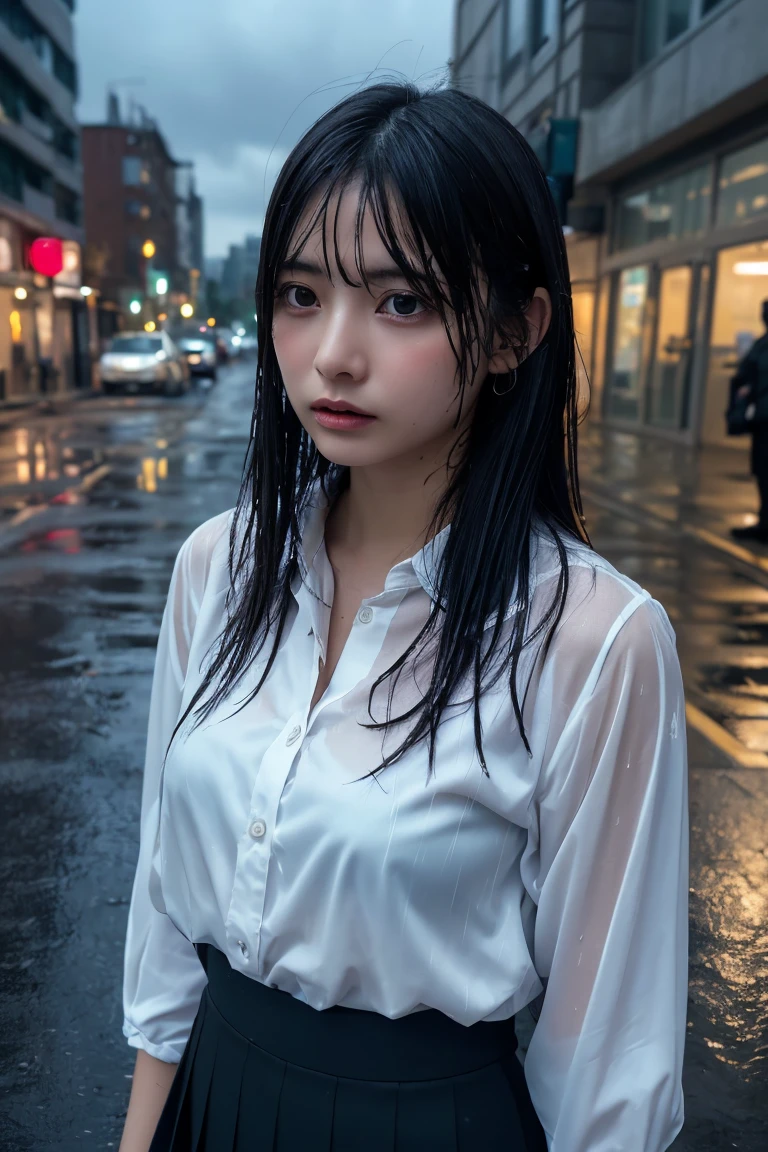 (masterpiece, Highest quality, One Girl, Beautiful office lady, Very wet, soaked from heavy rain, Long black hair, Straight hair, White blouse, Dark Skirt, Serious expression, Street background, Detailed Scene, Reflective Puddle, Dark Clouds, heavy rain, realistic rain effect)、City of Darkness、neon