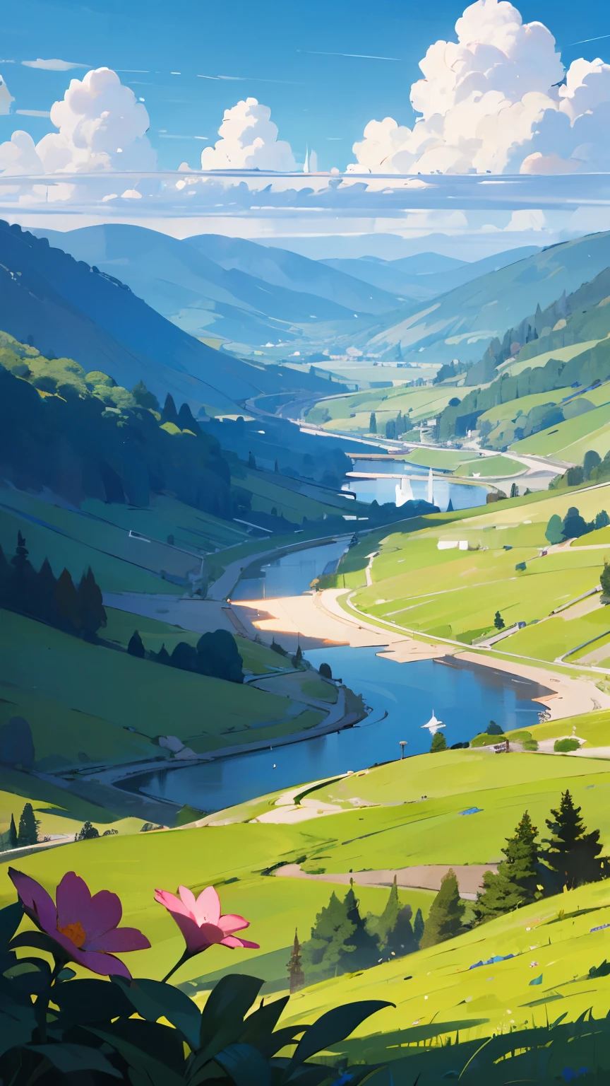 "Generate a vibrant landscape featuring lush greenery and a pristine environment. Include rolling hills covered in dense forests, a serene river winding through the scene, and a clear blue sky with a few fluffy clouds. Add elements of wildlife, such as deer grazing near the water, and a variety of colorful flowers dotting the landscape. The overall atmosphere should be peaceful and rejuvenating, capturing the beauty of nature in its purest form."
