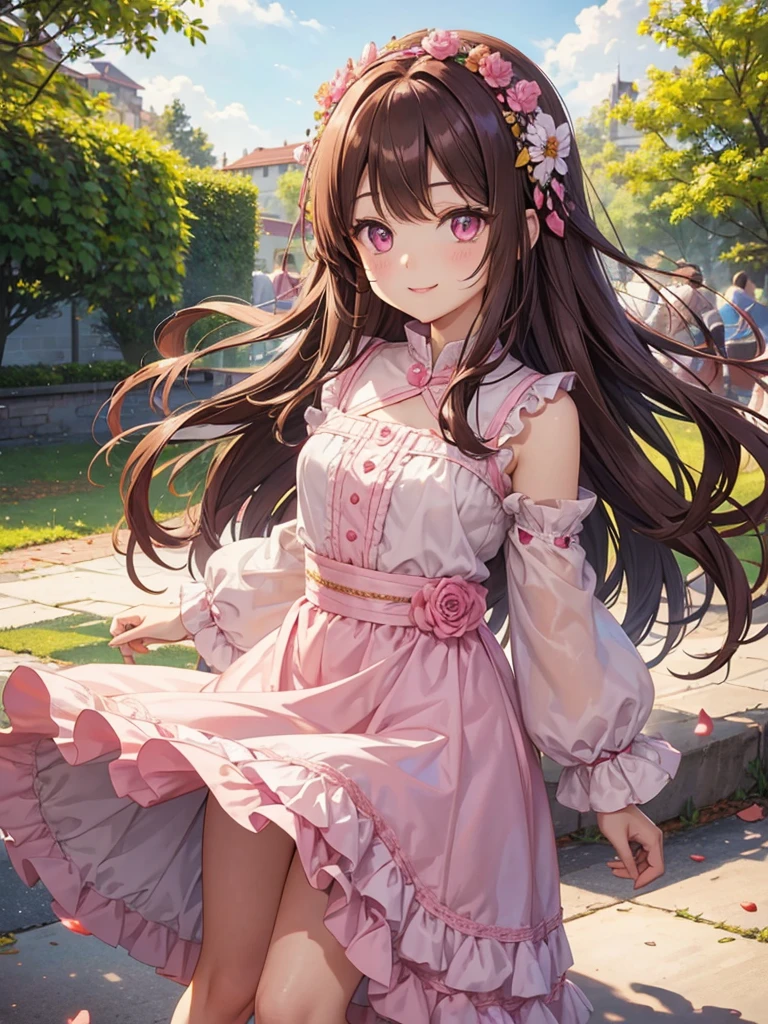 woman, pink eyes, long curry brown hair, kind smile. wear flower clips in her hair, she like princess, young lady