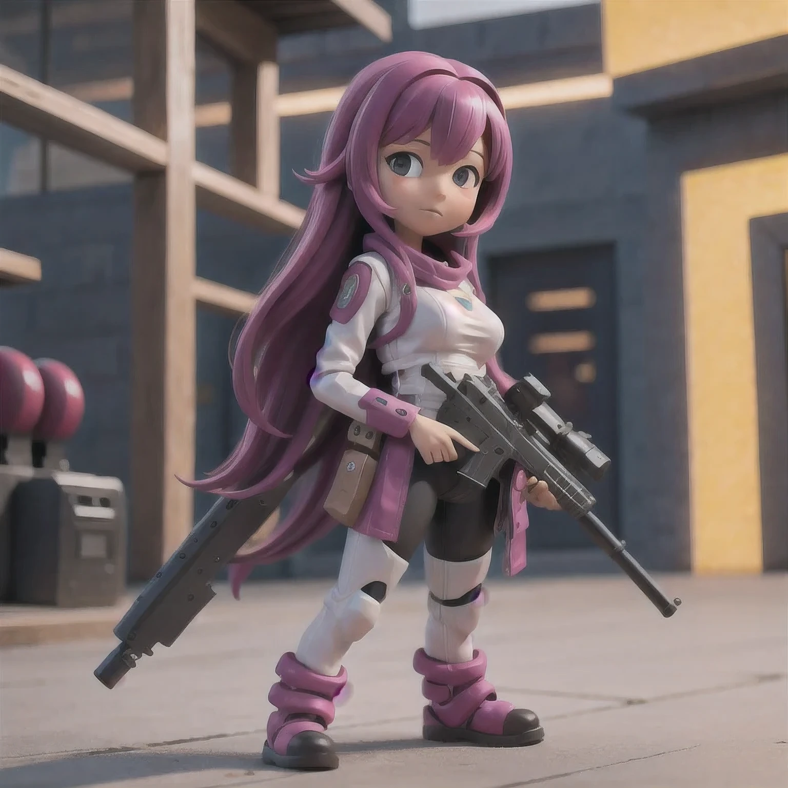 fish
1girl
bangs
blurry
blurry background
blurry foreground
breasts
brown eyes
closed mouth
depth of field
gun
long hair
looking at viewer
mecha
mole
motion blur
multicolored hair
pink hair
smile
solo
thigh strap