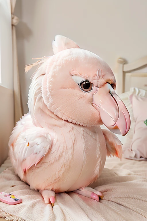 1 super adorable plush toy, (flamingo bird),, pastel hues, exceedingly cute, ultra-realistic, UHD, mascot. The plush toy, shaped like a playful flamingo, is a sight to behold with its ultra-cute design. Its pastel colors add a soft and sweet touch, making it even more irresistible. With its ultra-realistic features, every detail is crafted to perfection, from its beak to its feathers, ensuring a lifelike appearance that captivates all who see it. This plush is more than just a toy; it's an UHD mascot that will bring joy and