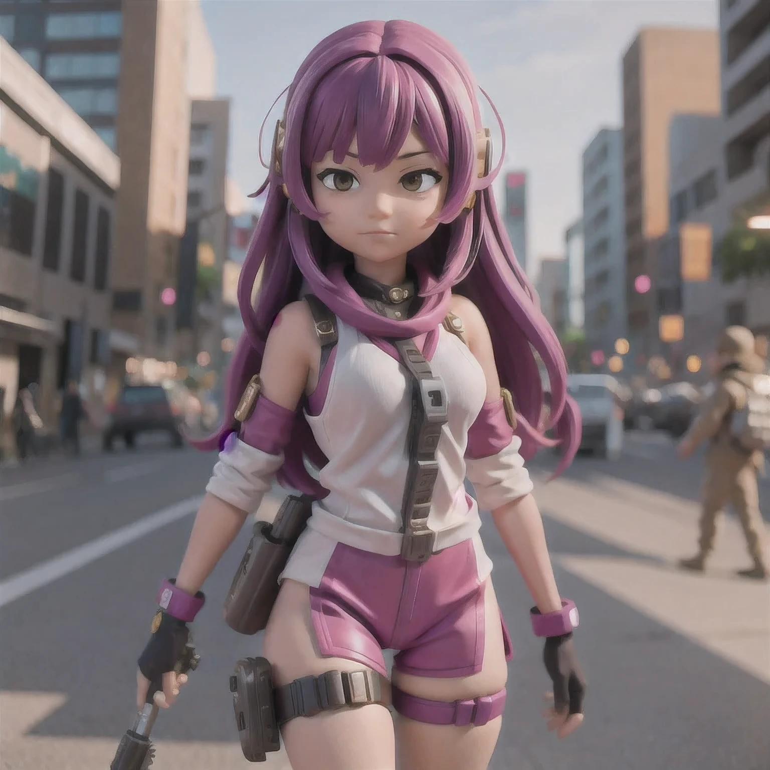 fish
1girl
bangs
blurry
blurry background
blurry foreground
breasts
brown eyes
closed mouth
depth of field
gun
long hair
looking at viewer
mecha
mole
motion blur
multicolored hair
pink hair
smile
solo
thigh strap