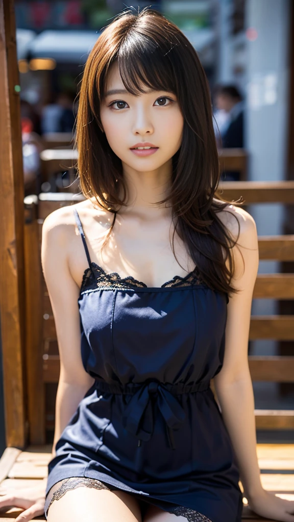 masterpiece, Highest quality，16K, Ultra-high resolution，The light and shadow of reality，Cinema Lenses，(Very skinny),(Very firm, well-shaped, very large, beautiful breasts),((Her waist is so slim and beautiful)),((High nose、Small Mouth)),((Clean and slim face line)),((Big dark eyes with long eyelashes)),((Very small face))((Such small and beautiful arms)),((She is very slim and has a great figure)),(Pure white beautiful skin),(Pure white teeth)),((Large, clear, beautiful eyes)),((Her face is very small)),((Cute Japanese Girls)),((She is wearing a pink tartan check lace camisole dress.)),((Sitting on a bench in a stylish cafe)),（Sexy pose),(Beautiful Eyes:1.1)，Reflecting clear eyes and a gentle smile,
