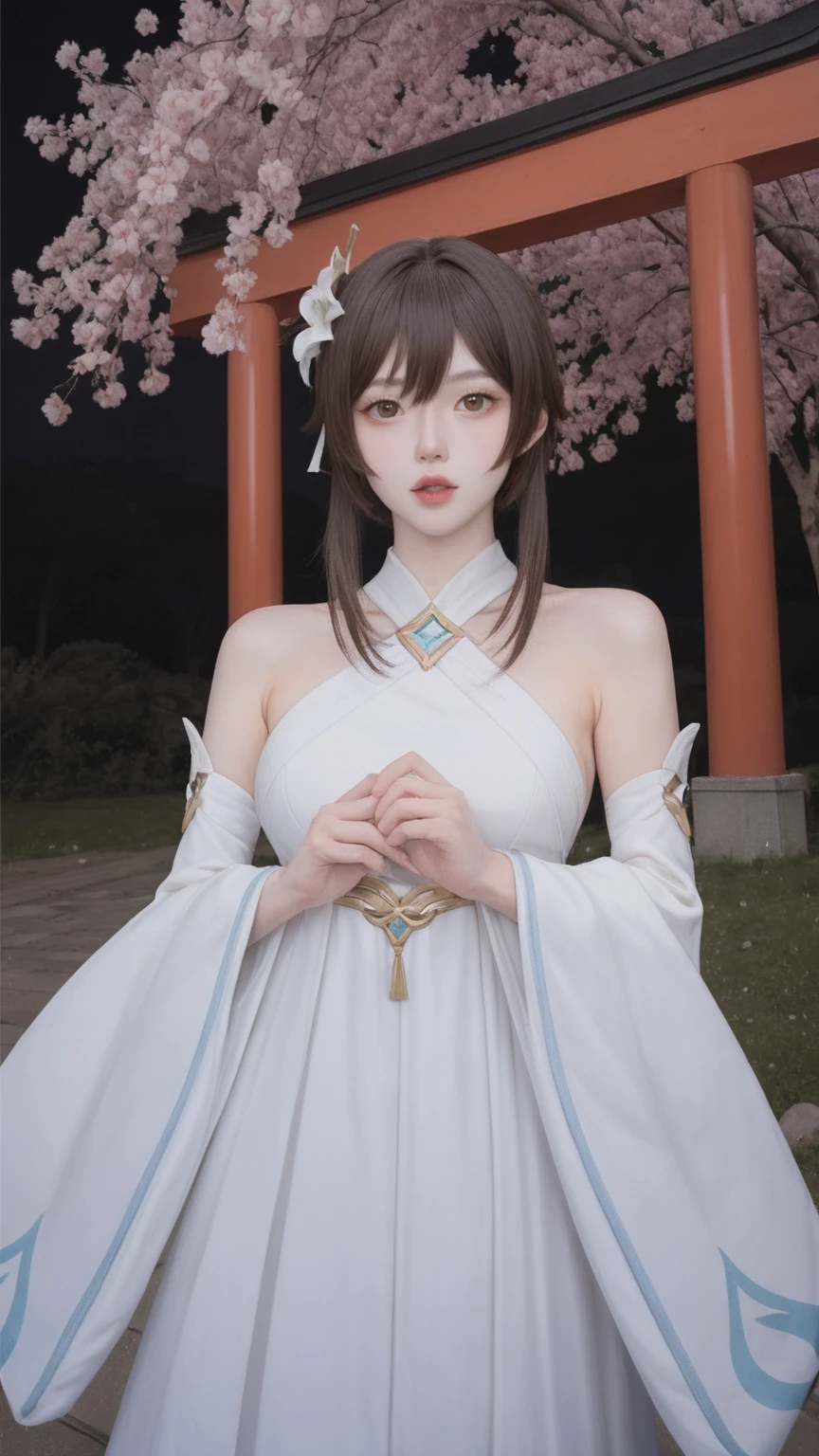 realistic,score_9, score_8_up, score_7_up,
lumine \(genshin impact\), 1girl, breasts, looking at viewer, short hair, bangs, blonde hair, black hair, hair ornament, dress, hair between eyes, bare shoulders, brown eyes, standing, yellow eyes, flower, outdoors, parted lips, detached sleeves, solo focus, hair flower, wide sleeves, white dress, tree, lips, halterneck, grabbing, white flower, cherry blossoms, short hair with long locks, licking, alternate breast size, aged up, torii, halter dress, night