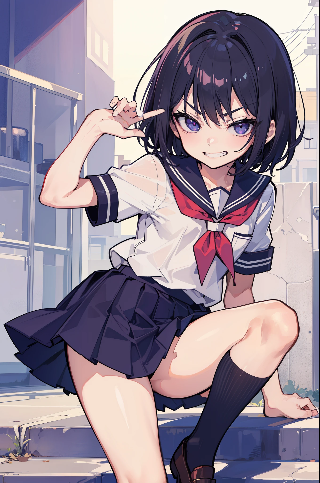 (Ideal:1.2), (perfect:1.2), (flawless:1.2), (highest quality:1.2), (best quality:1.2), street, 1girl, (evil smirk:1.2), (li:1.2), young, (school uniform:1.1), detailed body, sexy thighs, small breasts, short hair, high quality eyes, 4K, highest quality resolution, best quality resolution, best quality upscale,