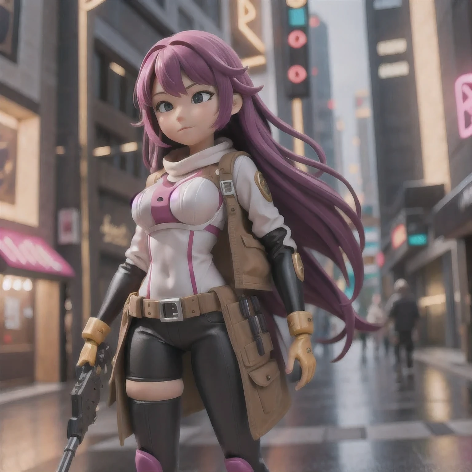 fish
1girl
bangs
blurry
blurry background
blurry foreground
breasts
brown eyes
closed mouth
depth of field
gun
long hair
looking at viewer
mecha
mole
motion blur
multicolored hair
pink hair
smile
solo
thigh strap