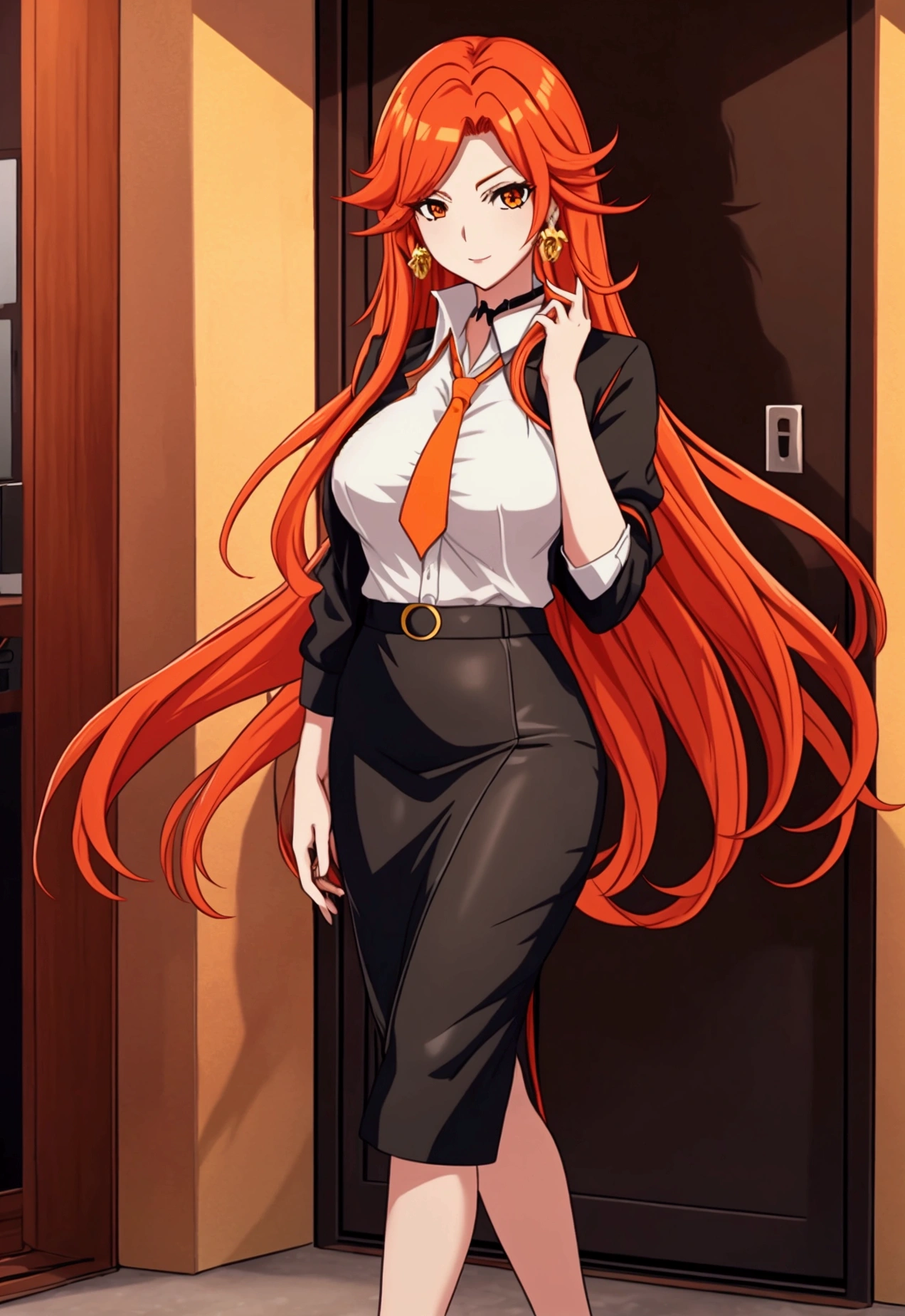 olbusiness attire，Anime girl with long red and orange hair, 28 years old，long hair anime girl, She has long orange-yellow hair., Attractive anime girl,shirt，白shirt，Black hip skirt，business attire，office，city building，现代office，Very long hair，Large Breasts,Keep files,Exciting appearance，Front view，First Perspective，high quality，16K，Exciting appearance，very clearly，Exquisite mature facial，Royal sister，Alone，Standing front，Hands hanging down，High heel，whole body