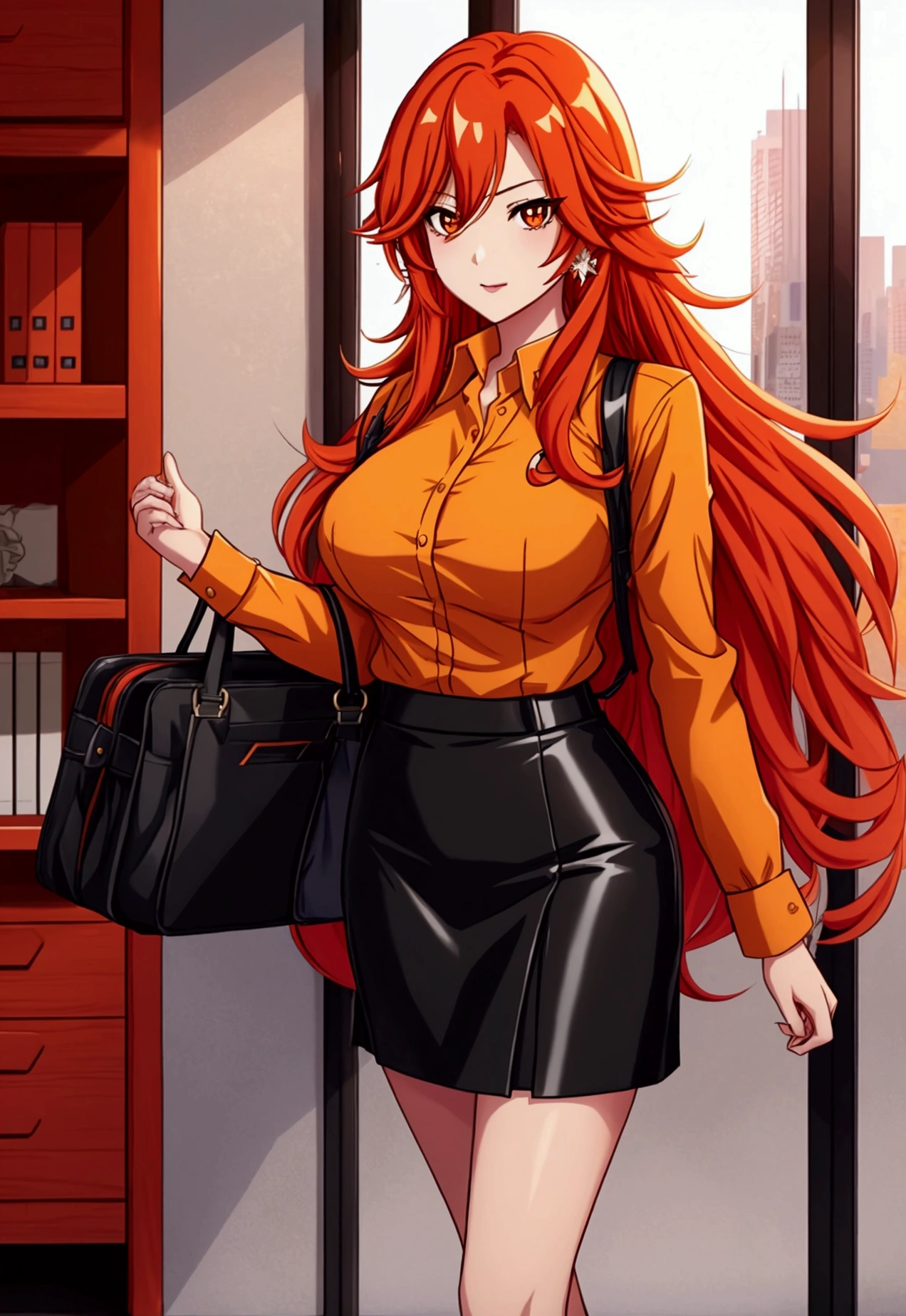 olbusiness attire，Anime girl with long red and orange hair, 28 years old，long hair anime girl, She has long orange-yellow hair., Attractive anime girl,shirt，白shirt，Black hip skirt，business attire，office，city building，现代office，Very long hair，Large Breasts,Keep files,Exciting appearance，Front view，First Perspective，high quality，16K，Exciting appearance，very clearly，Exquisite mature facial，Royal sister，Alone，Standing front，Hands hanging down，High heel，whole body