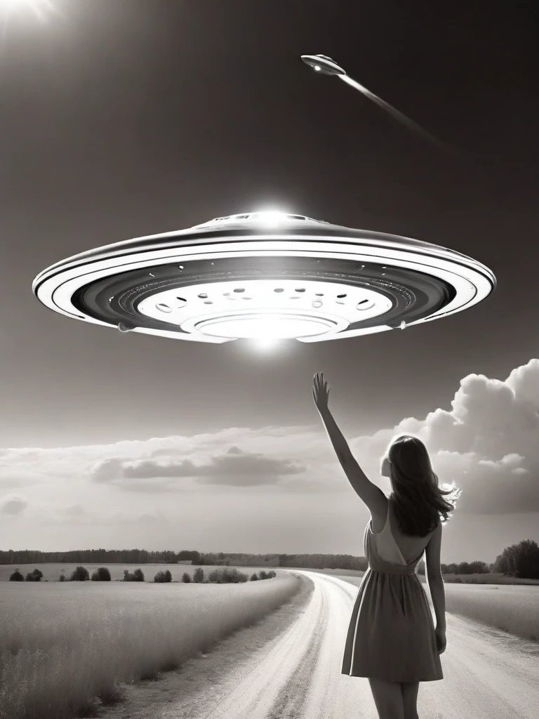 A beautiful girl waves to the UFO in the sky，Back，Real black and white photos，Brown Tone，Silver halide film