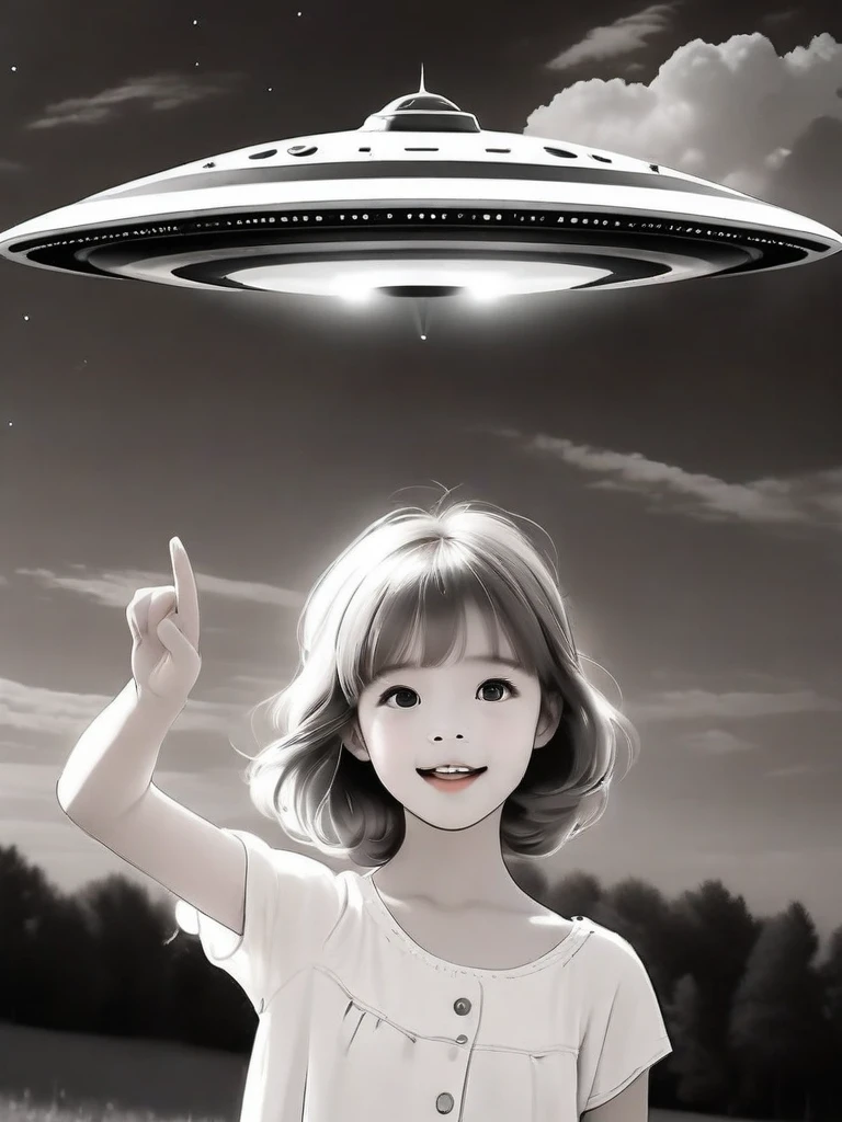 A beautiful girl waves to the UFO in the sky,Back,Real black and white photos,Brown Tone,Silver halide film